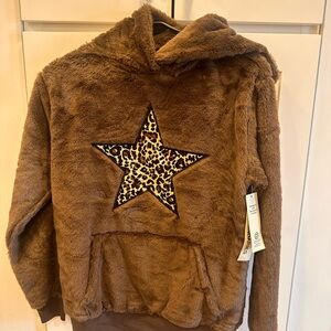 NWT No Boundaries Brown Fleece Hoodie with Leopard Accent